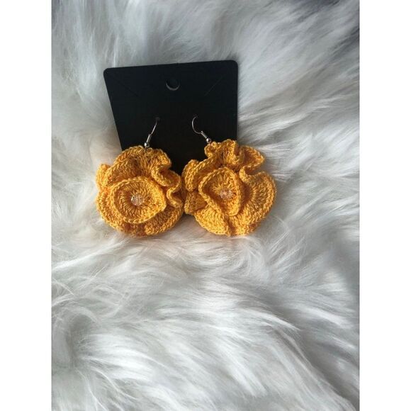 Brand New Handmade Crochet Earring Yellow Flower‎ Pattern 100% Cotton For Women - Picture 3 of 5